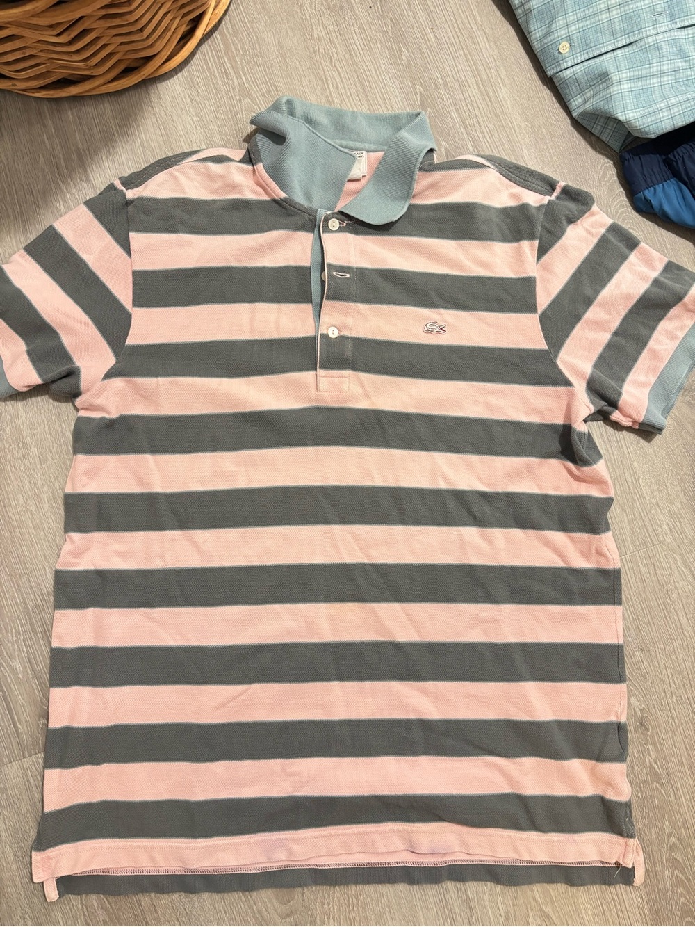 Vintage Lacoste Men's Striped Polo Shirt in Pink and Gray